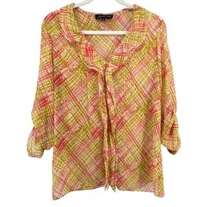Jones‎ New York Sheer Blouse Women 6 Pink Green Plaid Ruffle Roll Tab Sleeve